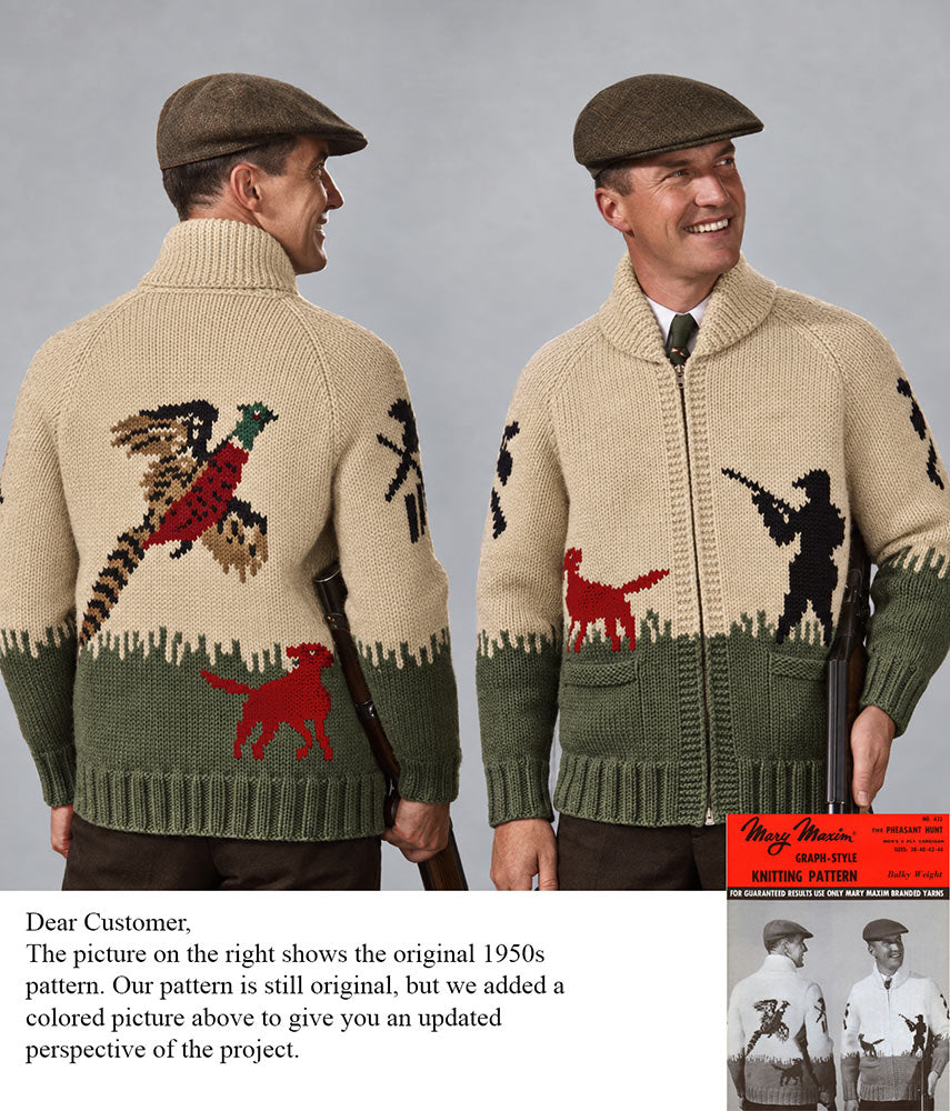 Patron de cardigan pour homme ou femme sur le thème de la chasse au faisan