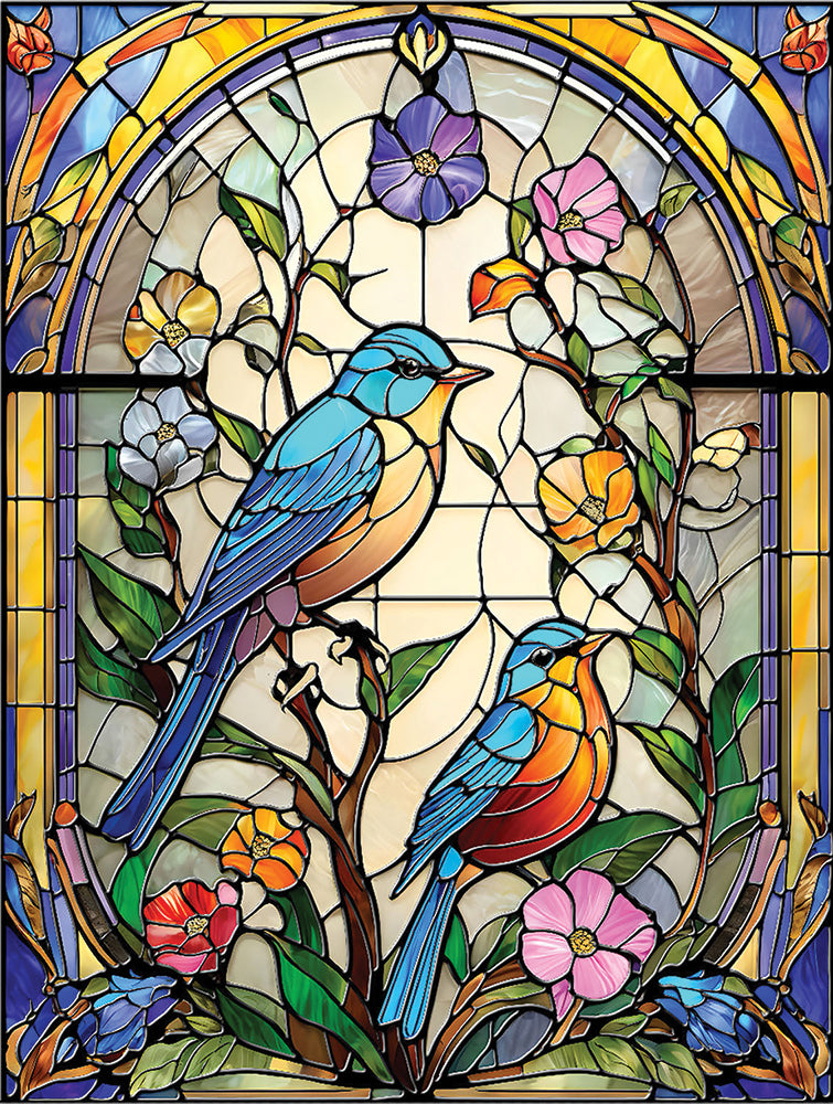 Stained Glass Flowers and Bluebirds Jigsaw Puzzle