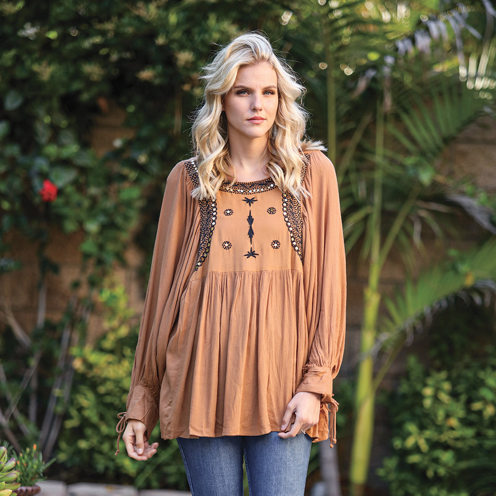 Tan Long Sleeve Embroidered Tunic