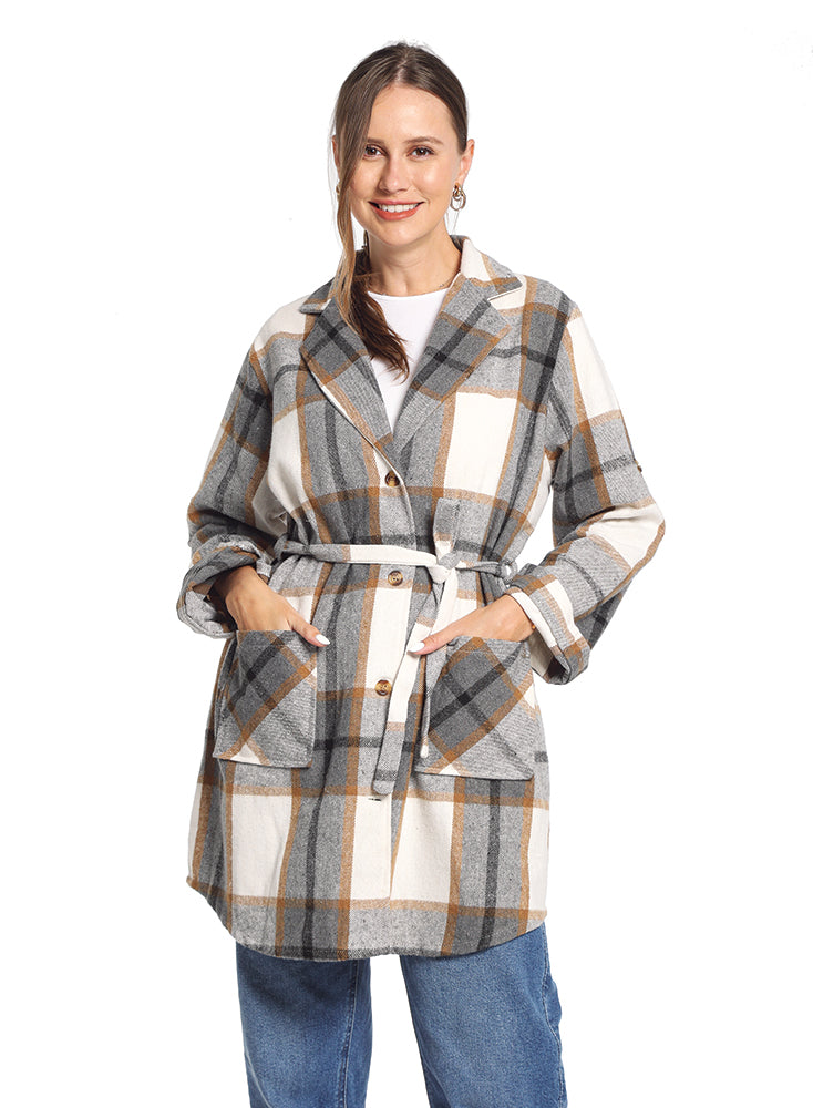 Grey & Khaki Woven Plaid Coat