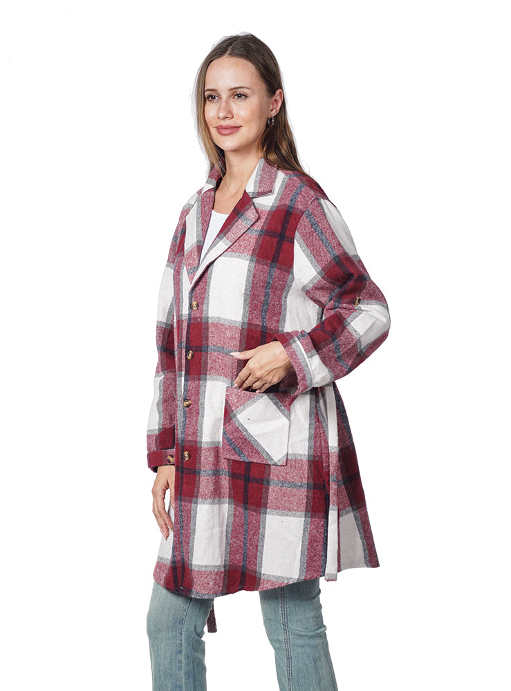 Maroon Cherry Woven Plaid Coat