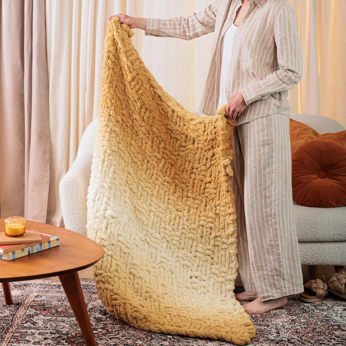 Free Bernat Woven Shift Table Knit Blanket Pattern