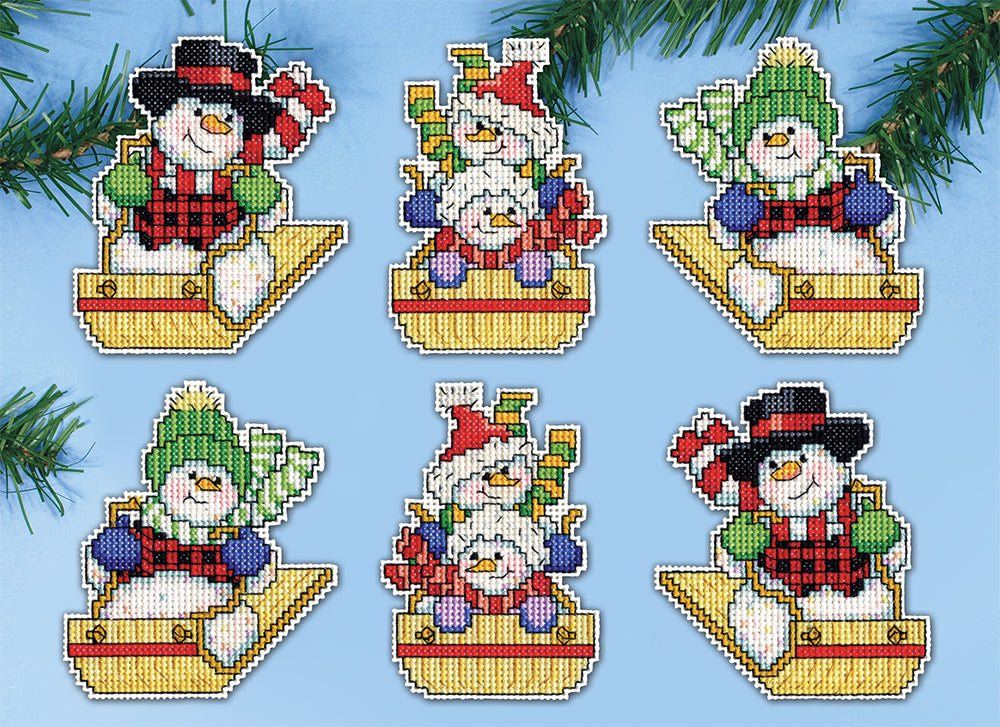 Sledding Snowmen Counted Cross Stitch Ornaments Kit
