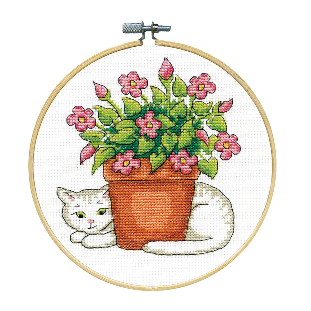 Floral Cat Counted Cross Stitch Hoop Kit