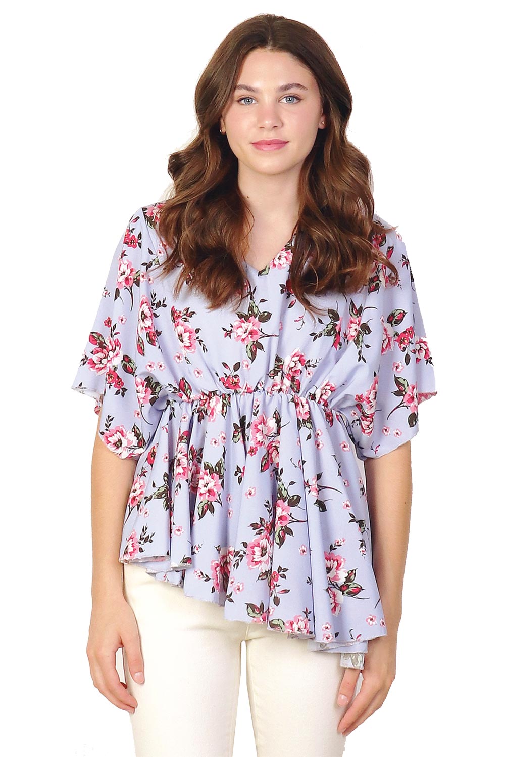Asymmetrical Stretchy Floral Top - Periwinkle/Pink