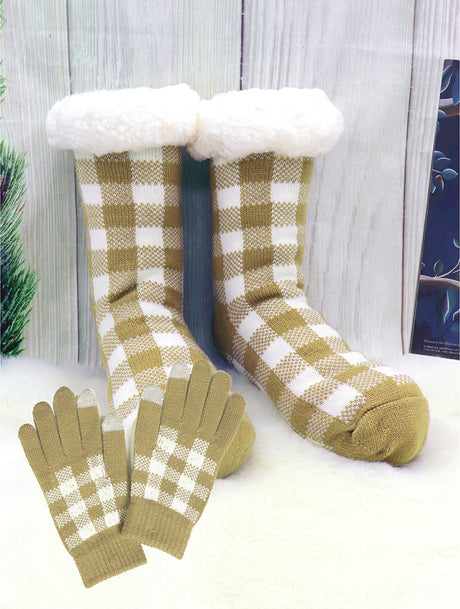 Buffalo Plaid Anti-Skid Slipper Socks with Matching Gloves