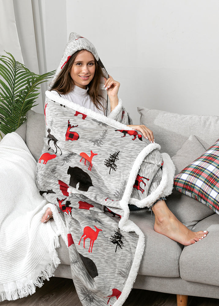 Jeté animalier à capuche doublé en sherpa 