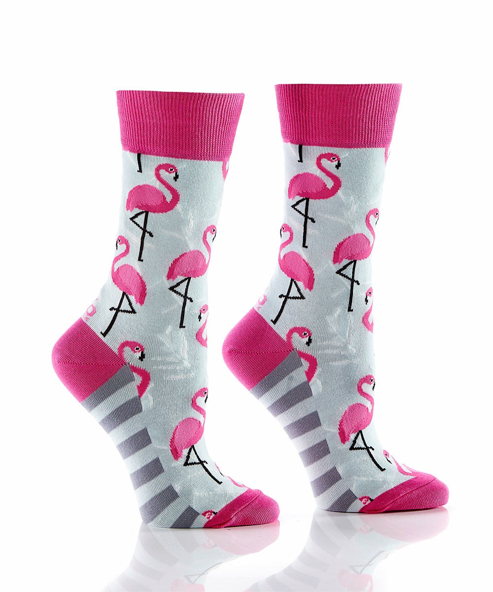 YoSox Women's Designer Crew Socks - Pink Flamingos