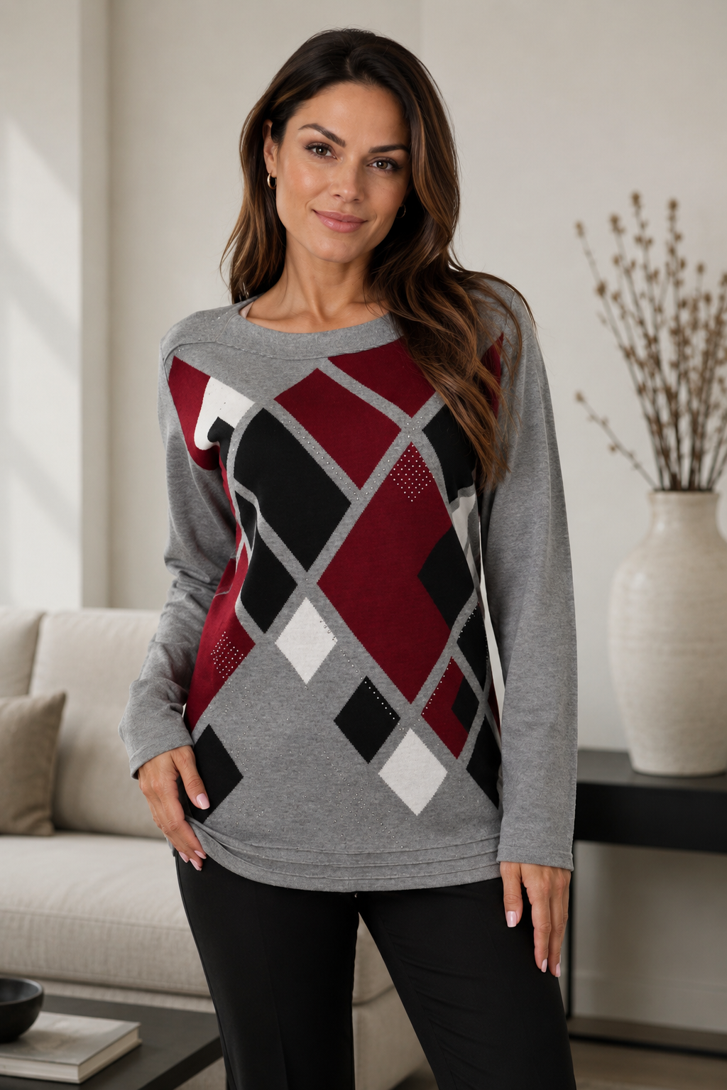 Grey & Wine Argyle Sweater